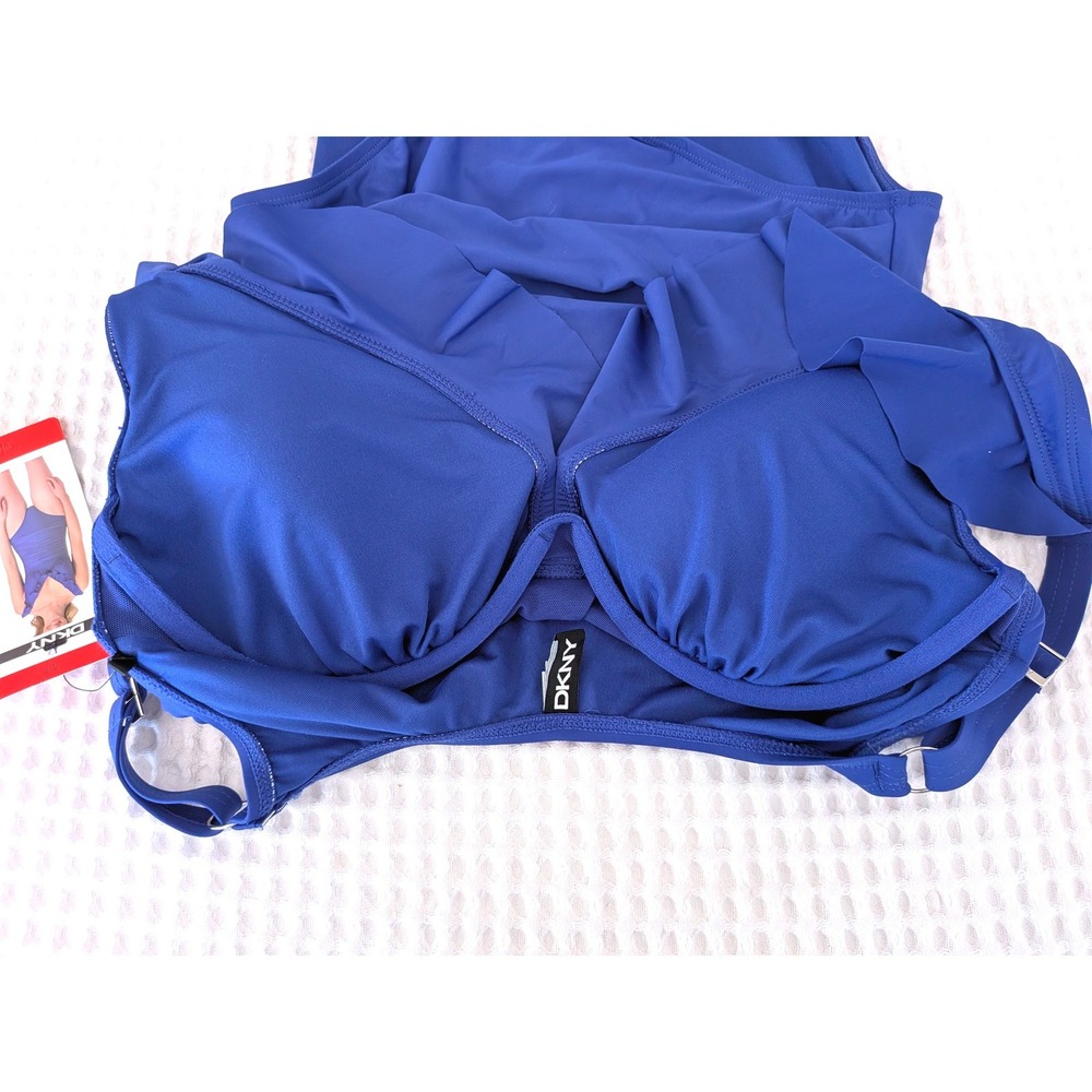 DKNY One Piece Swimsuit Medium Blue Ruffle Ruched Underwire NWT Adjustable - Picture 4 of 6